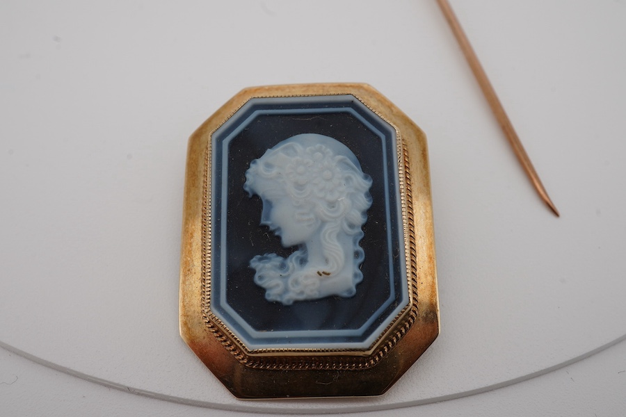 A 20th century yellow metal mounted cameo jasper ceramic octagonal brooch, 31mm, together with an early 20th century yellow metal and gem set stick pin, gross weight 9.3 grams. Condition - poor to fair